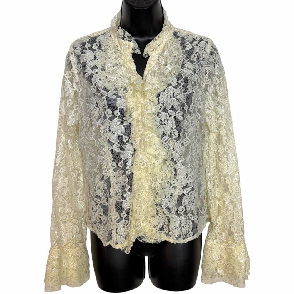 Rancho Estancia Sheer Lace Ruffle Blouse Western Cottage Bell Boho Sleeve M